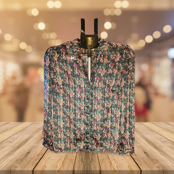 Melloday by Anthropologie Sheer Metallic V-Neck Blouse S Small - Picture 1 of 4